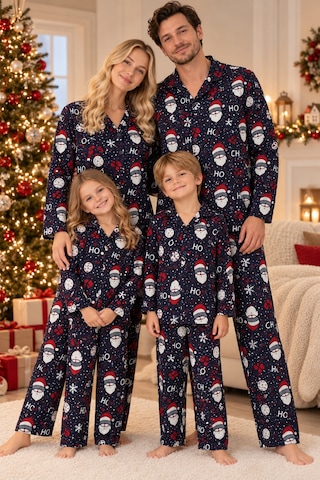 Free Beka Yılbaşı Desenli Kırmızı Uzun Kollu Önden Düğmeli Gömlek Yaka Aile Pijama Takımı Kombini Lacivert