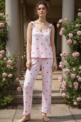 Siyah İnci Fitilli Kaşkorse Örme Pijama Takım 26120651 Pembe