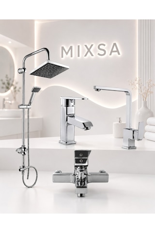 Lüx Premium Kare Robot Duş Seti Krom Kare Banyo-lavabo-mutfak Bataryası 4'lü Set Pirinç Gövde