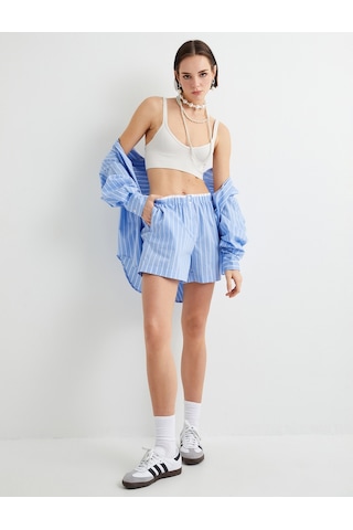 Koton Mini Şort Cepli Beli Çift Lastik Detaylı Mavi Çizgili 4sak40068ew Mavi