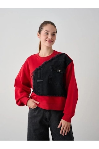 Kız Çocuk Mevsimlik Önü Denim Garni Cepli 3 İplik Sweatshirt-14773 Kırmızı