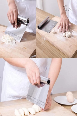 Paslanmaz Çelik Hamur Kesme Spatulası Ölçü İşaretli, Pasta Hamuru Kesici Ve Kazıyıcı Metalik Gri