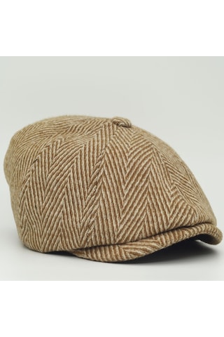Şapkadan Erkek Kasket Peaky Blinders Balıksırtı Desenli Yün Şapka 45645dr56822 Kahve Beyaz