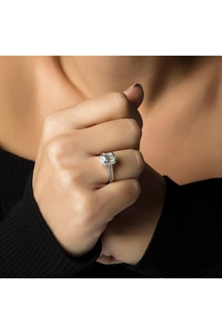 Baget Taşlı Beyaz Altın Tektaş Yüzük 14K Gold 380147543
