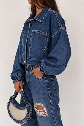 Noa & Noa Kadın Açık Mavi Kısa Denim Ceket Elastik Manşetli Crop Model Lacivert