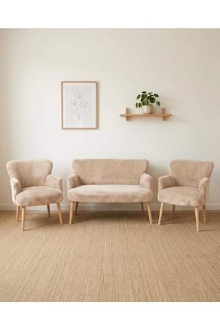 Roma Çay Seti Balkon Koltuk Takımı Welsoft Yumuşak Kumaş Naturel Ayaklı 2+1+1 Takım - Cappuccino Bej