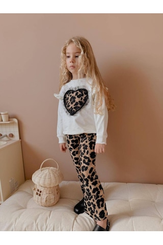 Kız Çocuk Kalp Modelli Tül Detaylı Leopar İspanyol Paça Taytlı Takım Ekru