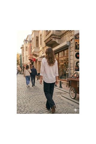 Zdnjeans Kadın Beyaz Rahat Kesim Keten Gömlek