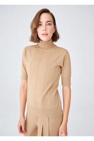 Peraluna Balıkçı Yaka Kısa Kollu Basic Kadın Triko Bluz Camel-Camel