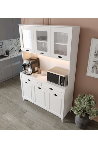 Guneystore Luna Kahve Köşesi - Mdf - 140 Cm - Ayaklı -beyaz Mutfak Dolabı - Led Aydınlatmalı Beyaz