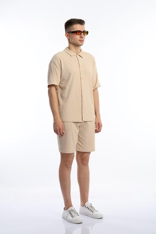 Polo State Erkek Crinkle Kumaş Gömlek - Şort Takım - Bej