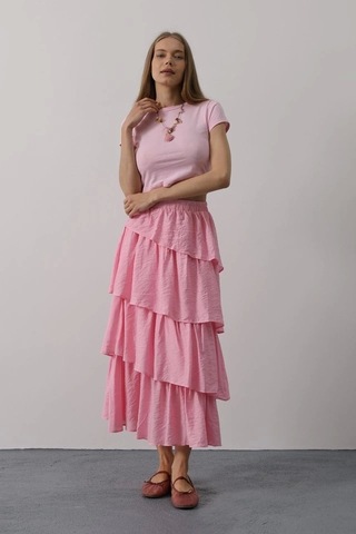 Katlı Kesim Uzun Etek - Pembe Pembe