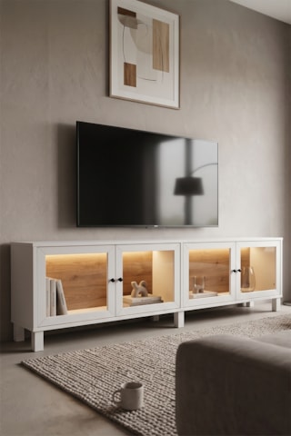 Robin Home Prime Temperli Cam Kapaklı Neon Led Işıklı Tv Ünitesi Tv Sehpası Vitrin Ahşap Ayaklı Sepet-beyaz