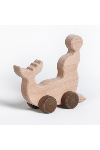 Ahşap El Yapımı Doğal Montessori Yunus Balığı Tekerlekli Oyuncak