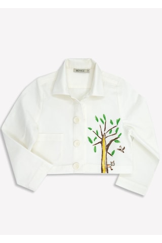 Çocuk Çizim Baskılı Kanvas Beyaz Kız Çocuk Ceket 001