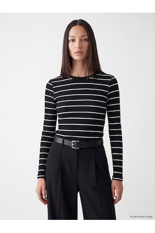 Lcw Everyday Siyah Bisiklet Yaka Çizgili Kadın Body