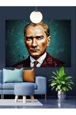 Yeşil Fonlu Atatürk Portresi Dekoratif Kanvas - Mdf Ahşap Tablo