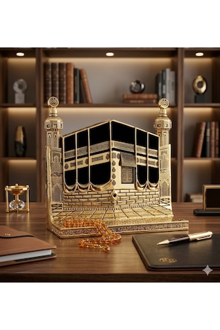 Allah & Muhammed S.a.v Kabe Kapısı Figürlü Özel Tasarım Gold Renkli Masa Üstü Biblo 25 Cm