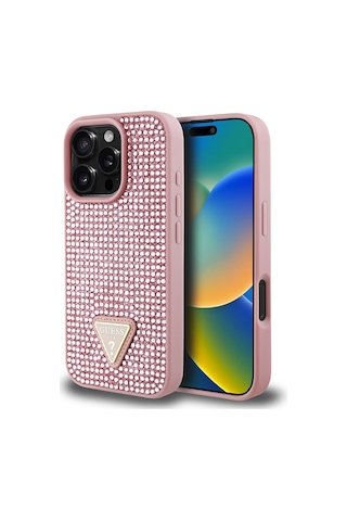 Apple Uyumlu iPhone 16 Pro Max Kılıf Guess Lisanslı Üçgen Logolu Taşlı Kapak Pembe