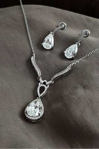 Sky Dıamond Gümüş Kolye Küpe Takı Seti