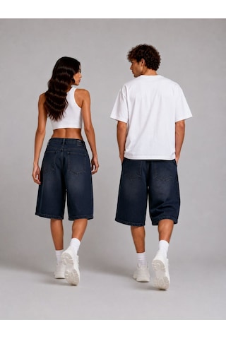 St.poll Eskitme Yıkama Unisex Baggy Denim Şort Eskitme Lacivert