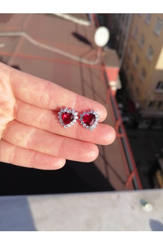 Silver Point Kırmızı Taşlı Kalpli Çivili Küpe Gümüş