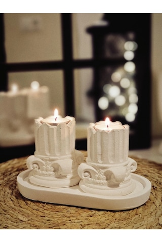 Tepside Dekoratif 2'li Yıkılmış Roma Sütunu Tealight Mumluk 8cm Ve 2 Adet Tealight Mum Hediyeli Beyaz