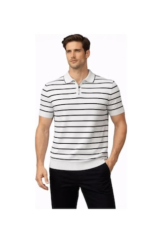 Vexor Erkek Triko Polo Yaka Fermuarlı Çizgili Tişört T-shirt Yazlık Şık - Beyaz