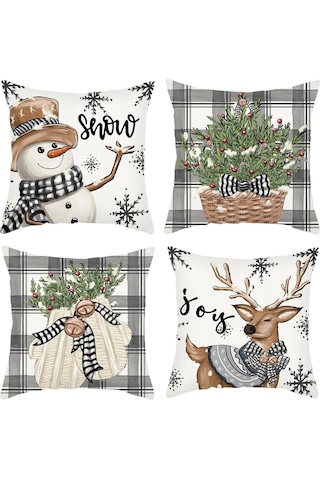 Singree Kış Dekoratif Yastık Kılıfları 4'lü Set, 45x45 Cm, Ayarı Ve Kar Tanesi Desenli Noel Podyum Kılıfları Bej