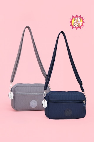 Westbag Kadın Çapraz Askılı Üç Gözlü Fermuarlı Krinkıl Günlük Omuz Çantası 2'li Set Gri - Lacivert