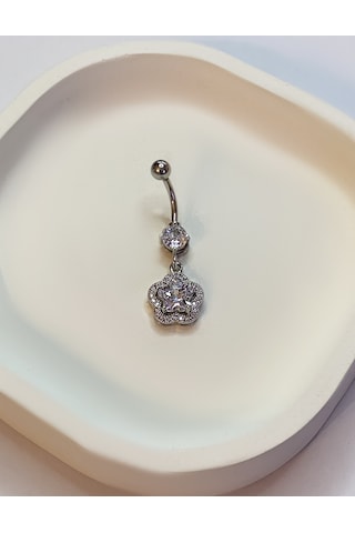 Kadın Çiçek Model Taşlı Sallantılı Piercing Gümüş