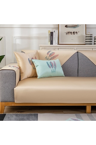 Sones Tüy Desenli Yazlık Buz İpek Kaymaz Tam Kapsamlı Kanepe Kılıfı, Boyut: 70x210cm Altın