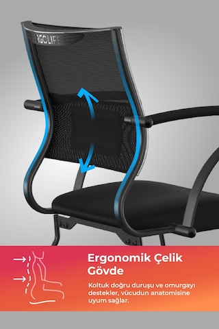 Ergolife Sit Air Bekleme Koltuğu Metal Ayaklı, Bel Destekli, Fileli, Siyah, Toplantı Sandalyesi -572.60.1.6a5 Çok Renkli