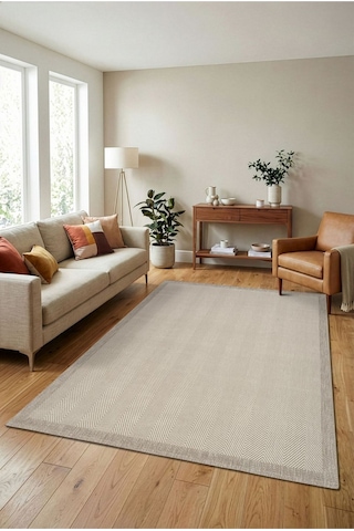 Leiva Home 6633 Krem Bej Bordür Çerçeveli Sisal Leke Tutmaz Makinede Yıkanabilir Kaymaz Halı