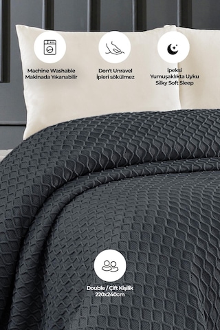 Akrilik Örgü Battaniye Çift Kişilik 220 X 240 Cm Yatak Örtüsü Pike Poly Antrasit