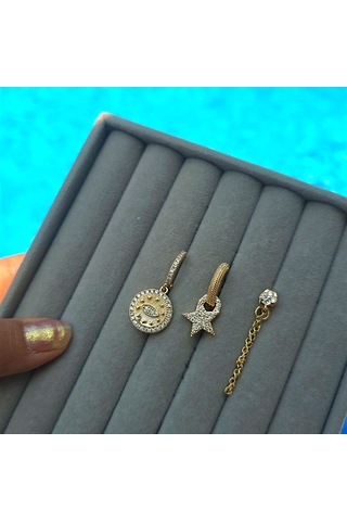 Mistik Figürlü Üçlü Çelik Küpe Gold