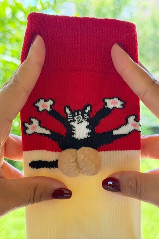 Lousocks Unisex Kırmızı Krem Renk Bloklu Kedi Desenli Ponpon Soket Çorap