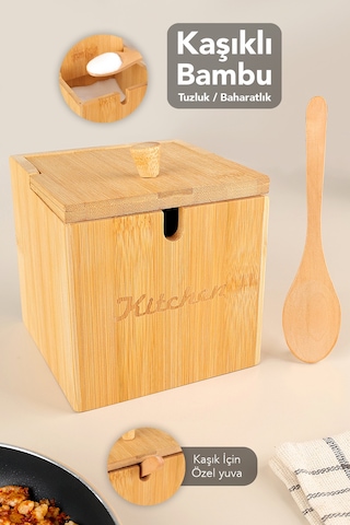 Kaşıklı Bambu Baharat Kutusu - Bambu Kapaklı Tuz Kabı Tuzluk Baharatlık Kutu 12x12 Cm Bej