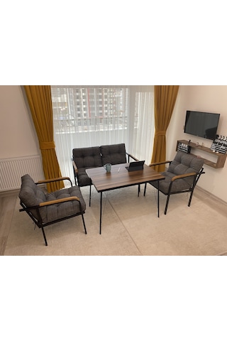 Modern Venüs Balkon, Bahçe, Cafe - Salon - Metal Kanepe Koltuk Takımı - 2+1+1 + Masa Antrasit Modernsh56 Antrasit