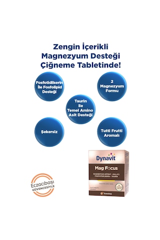 Dynavit Mag Focus 15 Çiğneme Tab - Magnezyum Malat & Sitrat, Fosfotidilserin, B6 & B12 Vitamini -