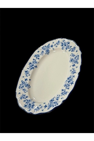 Acar Vintage Garden Mavi Çiçek Desenli Beyaz Porselen Oval Tabak 25x18 Cm Çok Renkli