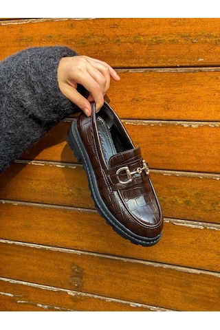 Erva'nın Butiği Kahve Kroko Magnus Toka Detay Kadın Loafer-5676 Siyah