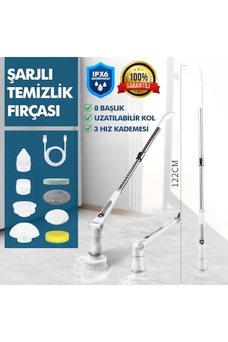Kablosuz Şarjlı Temizlik Fırçası 8 Başlıklı 3 Kademe Hız Ayarlı Teleskopik Çok Amaçlı Ev Cihazı