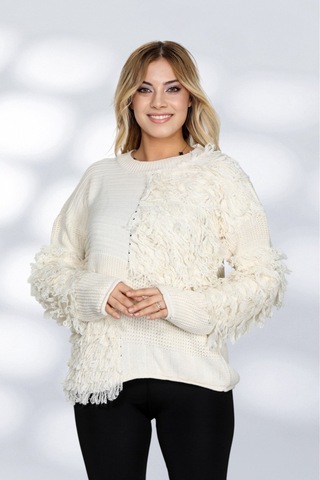 Newco Kadın Ekru Renkli Patchwork Tasarımlı Dokulu Triko Kazak - Oversize Ve Rahat Formlu - Ekru Ekru