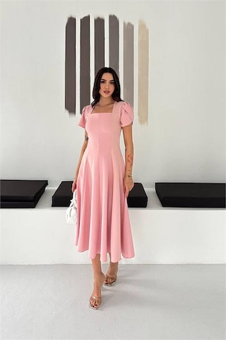 Neşeli Butik Kadın Pembe Kare Yaka Balon Kol Midi Boy Elbise Nbk4550 Pembe