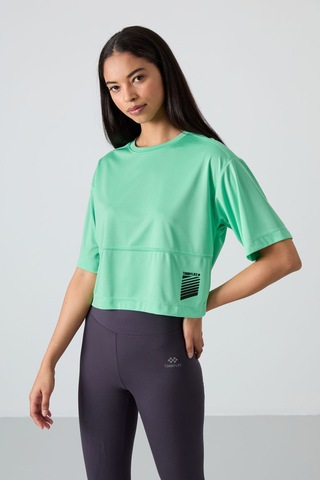 Tommy Life Su Yeşili Polyester Nefes Alan Dokulu İnce Esnek Oversize Fit Performans Kadın T-shirt - 97284 Su Yeşili