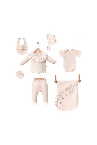 Dantel İşlemeli Lale Desenli 7 Parça Hastane Çıkış Seti %100 Pamuk Krem