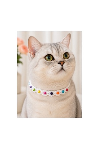 El Örgüsü Kedi Tasması Renkli Boncuklu Çiçek Desenli Beyaz El Yapımı Bağlamalı Kedi Boyun Aksesuarı