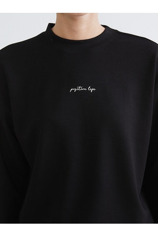 Lcw Comfort Siyah Bisiklet Yaka Nakışlı Kadın Sweatshirt