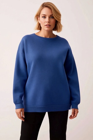 Benerly Kadın Bisiklet Yaka Düşük Kol Oversize Kalıp Sweatshirt Fonksiyon Indigo